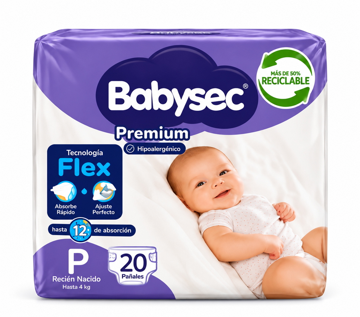 Pañales BabySec Premium Talla P paquete de 20 unidades Tecnología Flex