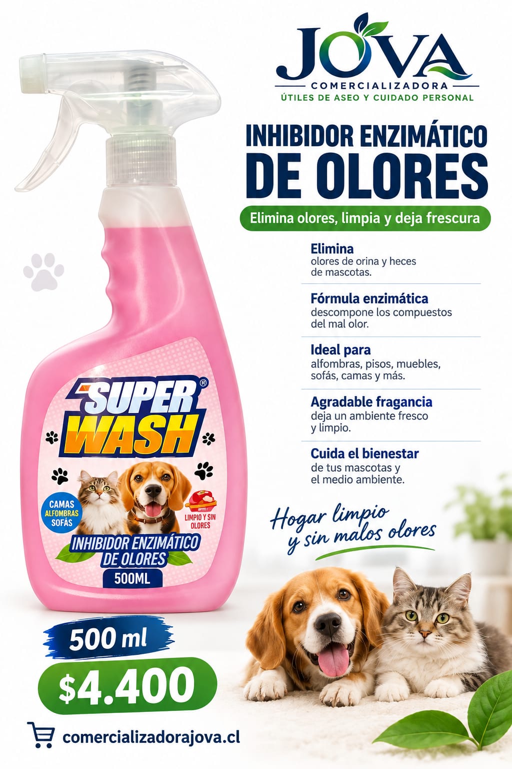 Inhibidor enzimático de olores Super Wash 500 ml para pisos, alfombras, sofás y camas