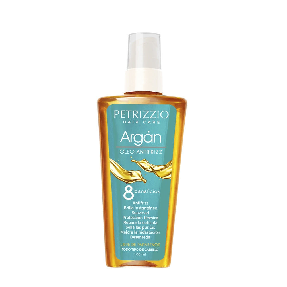 Aceite Capilar Petrizzio Anti Frizz Argán 100 ml – brillo intenso, nutrición profunda y protección térmica sin residuo grasoso