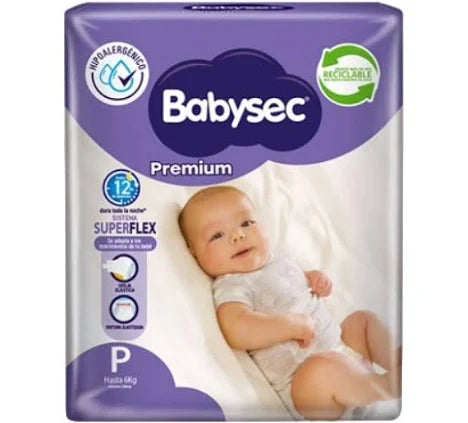 Pañal BabySec Premium Talla P 20 unidades – Sistema SuperFlex 12h, hipoalergénico, hasta 6 kg