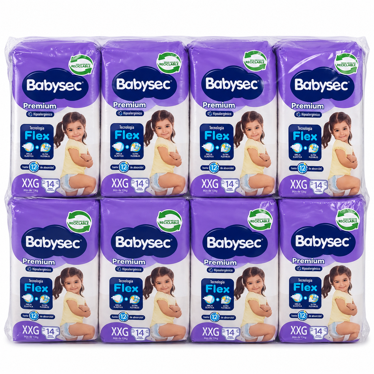 Manga de pañales BabySec Premium talla XXG con 8 paquetes de 14 pañales, 112 en total.