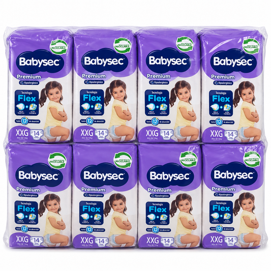 Manga de pañales BabySec Premium talla XXG con 8 paquetes de 14 pañales, 112 en total.