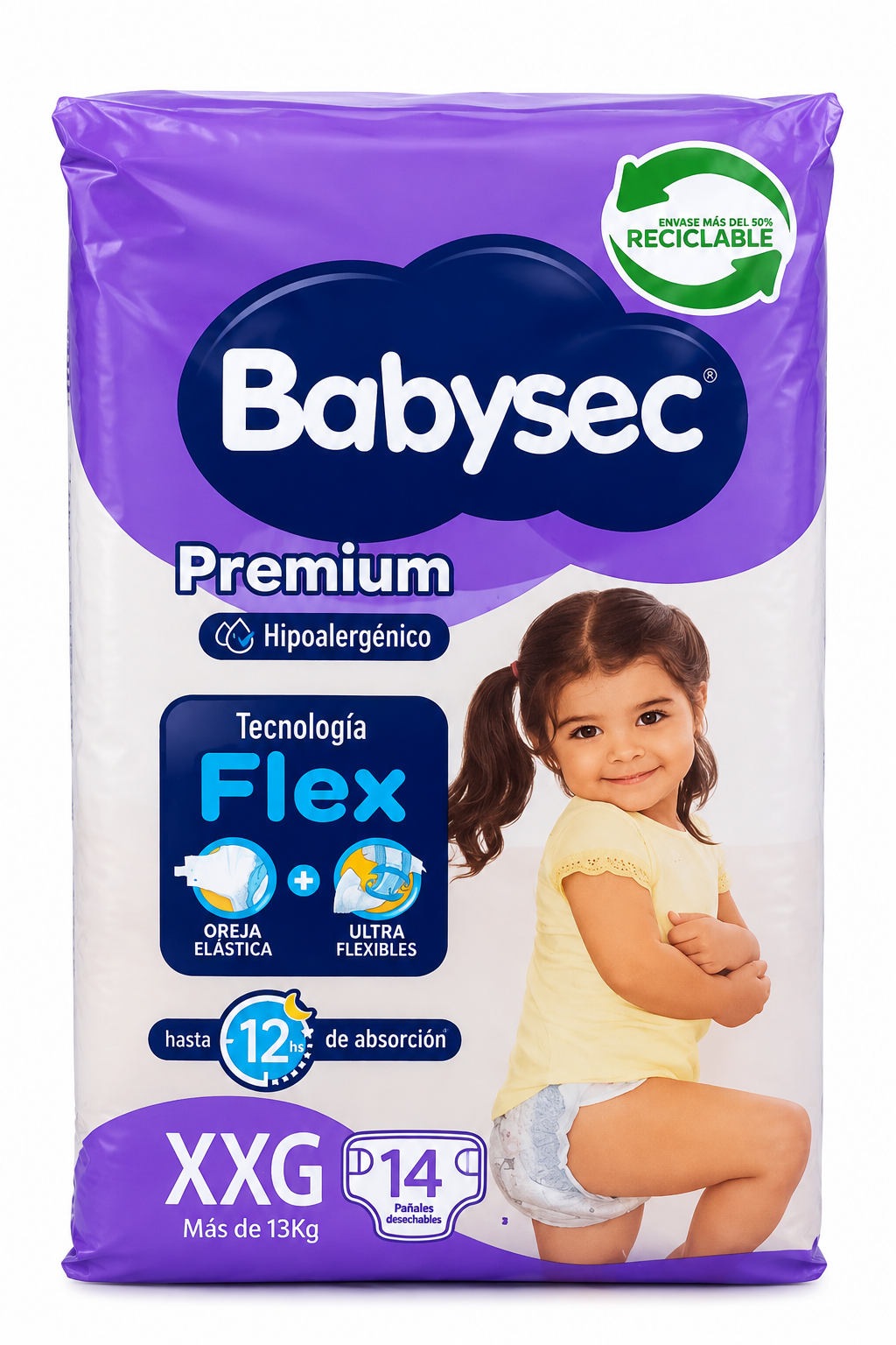 Paquete de 14 pañales BabySec Premium talla XXG, con Tecnología Flex y hasta 12 horas de absorción.