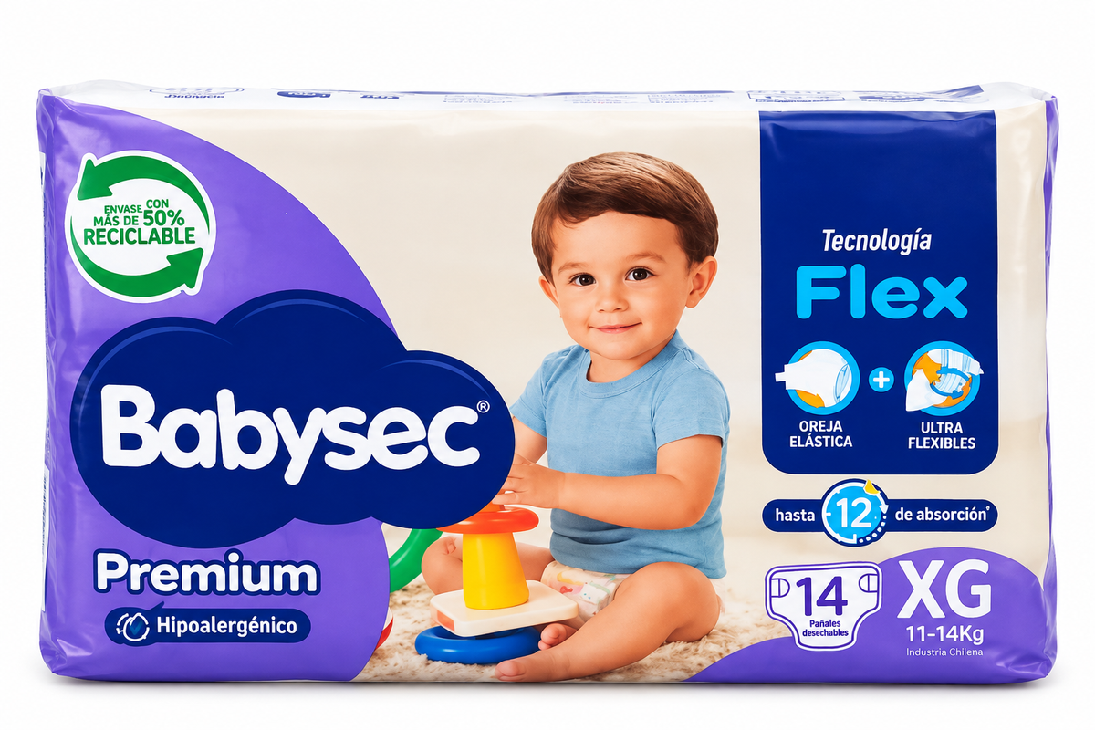 Paquete Babysec Premium XG de 14 pañales, presentación individual de la manga de 112 pañales