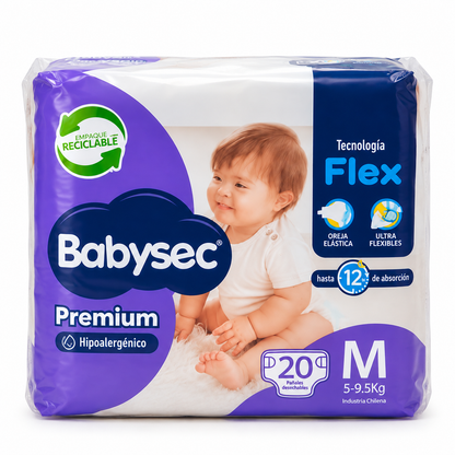 Paquete Babysec Premium M de 20 pañales, presentación individual de la manga de 160 pañales