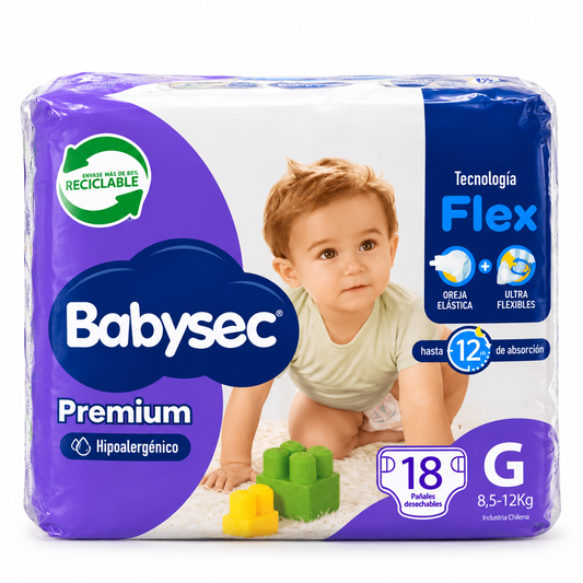 Paquete Babysec Premium G de 18 pañales, presentación individual de la manga de 144 pañales