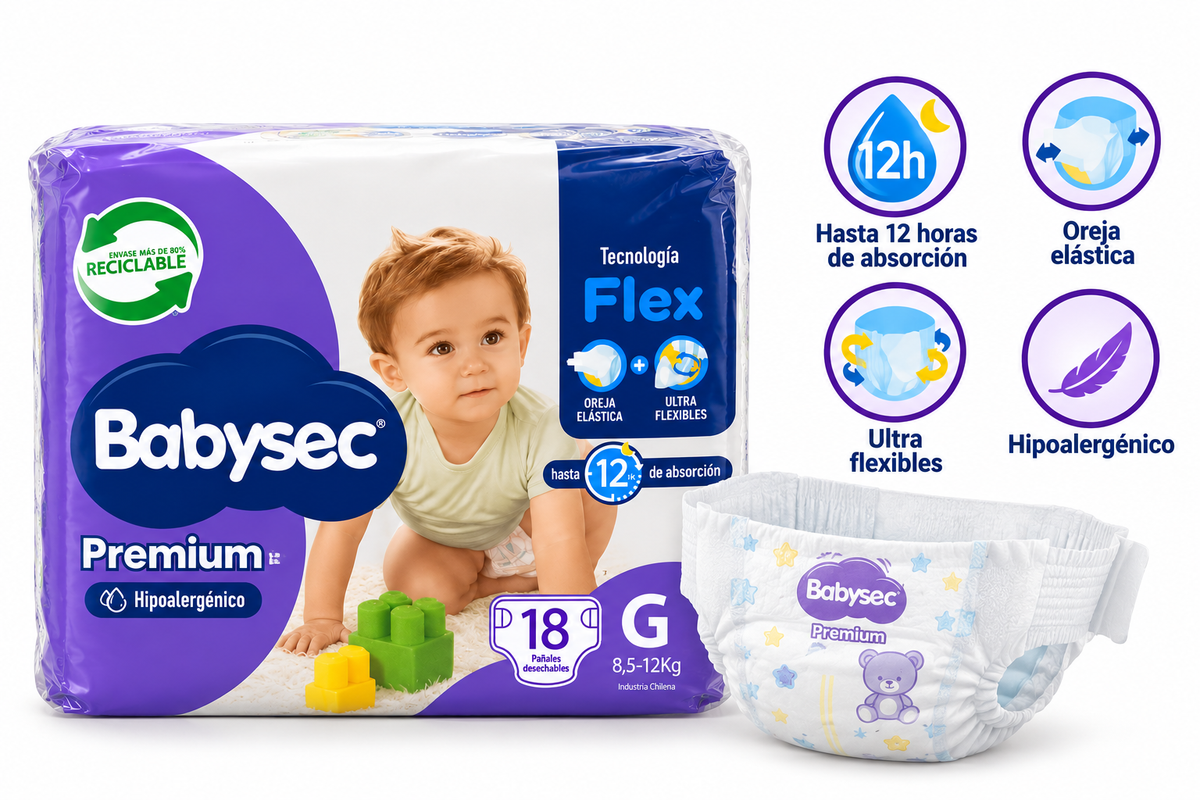 Babysec Premium G 8,5 a 12 kg, Tecnología Flex, hipoalergénico y hasta 12 horas de absorción