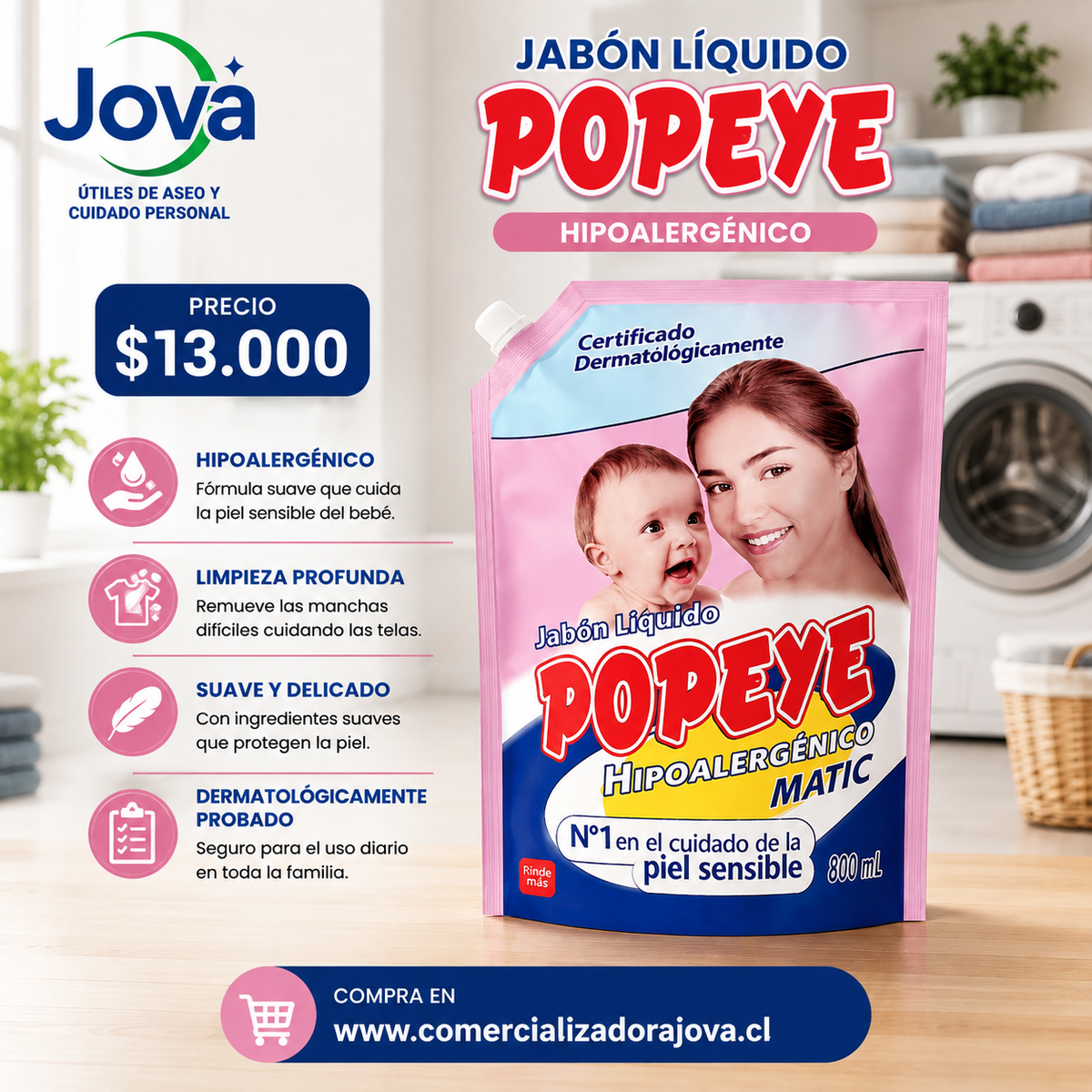 Detergente Popeye Hipoalergénico Rinde 3 L – fórmula suave para pieles sensibles, ideal para ropa de bebé