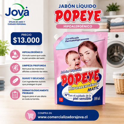 Detergente Popeye Hipoalergénico Rinde 3 L – fórmula suave para pieles sensibles, ideal para ropa de bebé