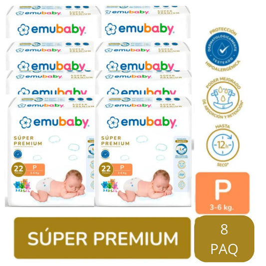 Manga pañal Emubaby Súper Premium Talla P 8x22 = 176 unidades – 12h seco, hipoalergénica, 3-6 kg
