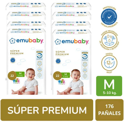 Manga Pañal Emubaby Súper Premium Talla M 8x22 un (176 pañales) – Hipoalergénico, hasta 12h seco, 5-10 kg