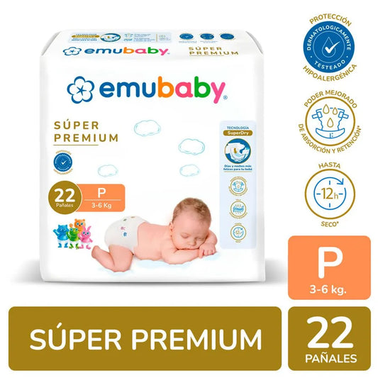 Pañal Emubaby Súper Premium Talla P 22 unidades – Tecnología SuperDry 12h, hipoalergénico, 3-6 kg