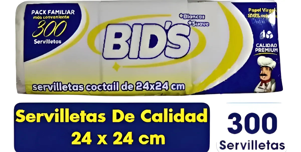 Servilletas Bids Calidad Premium 300 unidades 24x24 cm pack familiar