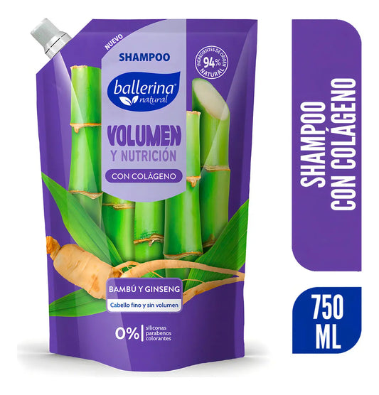 Shampoo Ballerina Volumen y Nutrición Colágeno Bambú Ginseng 750 ml – cabello fino