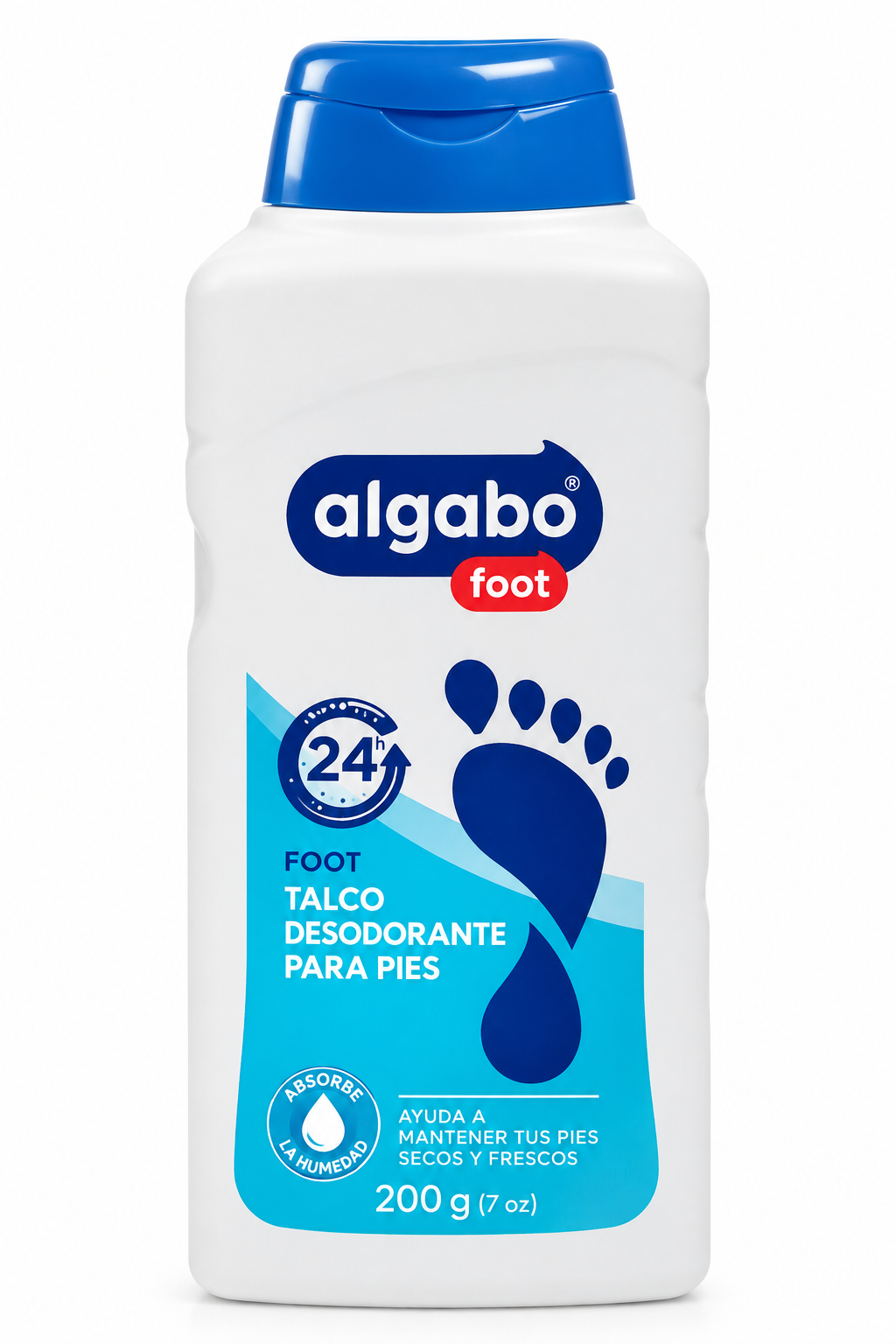 Talco desodorante para pies Algabo Foot 200 g en envase blanco con tapa azul