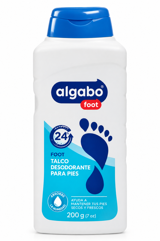 Talco desodorante para pies Algabo Foot 200 g en envase blanco con tapa azul