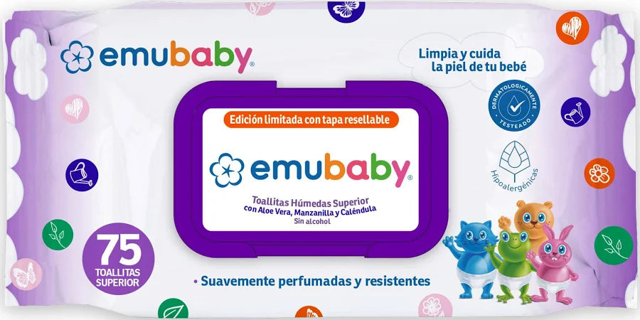 Toallitas húmedas Emubaby Superior 75 un con tapa resellable – Aloe Vera, Manzanilla y Caléndula, sin alcohol