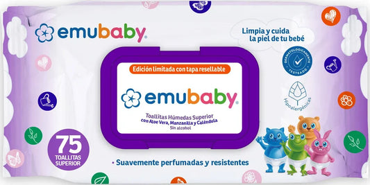 Toallitas húmedas Emubaby Superior 75 un con tapa resellable – Aloe Vera, Manzanilla y Caléndula, sin alcohol
