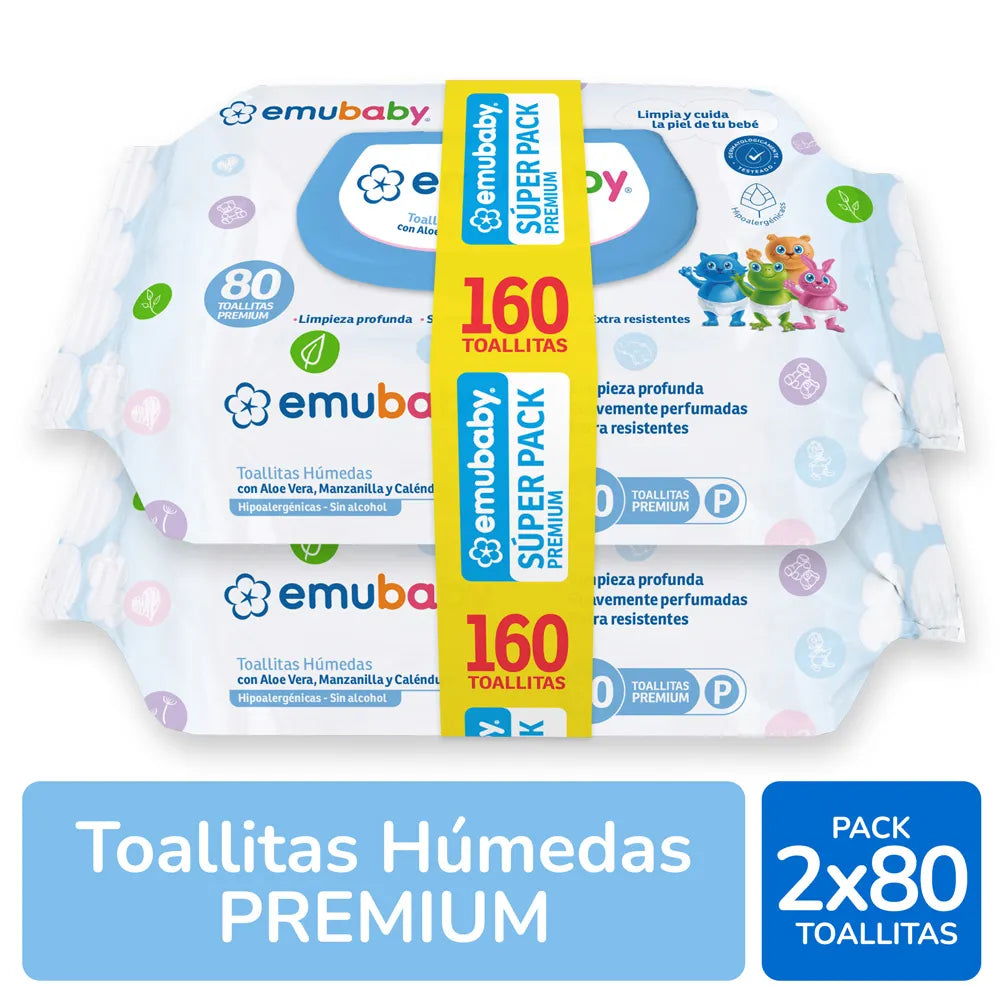 Toallitas Húmedas Emubaby Premium Súper Pack 2x80 = 160 un – Aloe vera, manzanilla y caléndula, sin alcohol